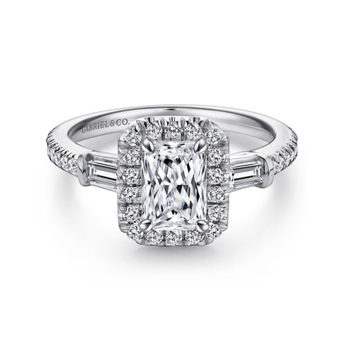 Platinum Three Stone Halo Emerald Cut Diamond Channel Set Engagement Ring