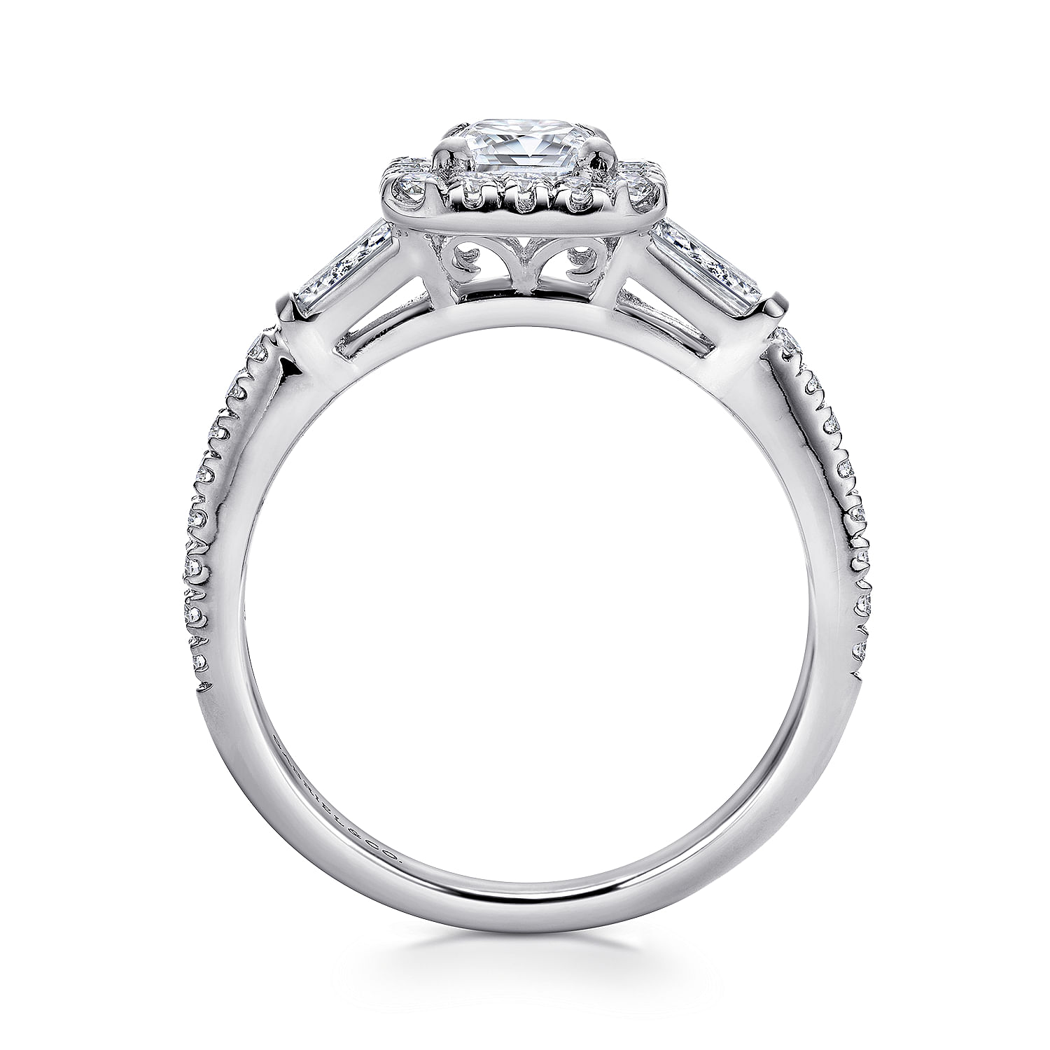 Platinum Three Stone Halo Emerald Cut Diamond Channel Set Engagement Ring