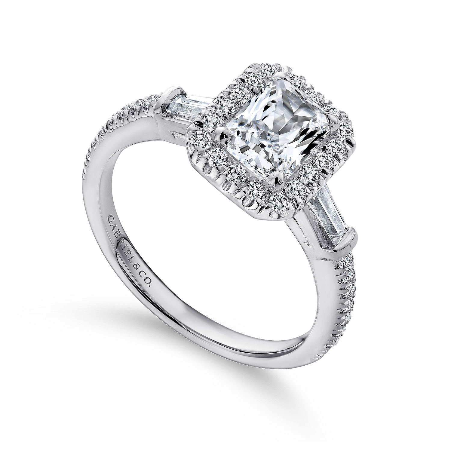 Platinum Three Stone Halo Emerald Cut Diamond Channel Set Engagement Ring