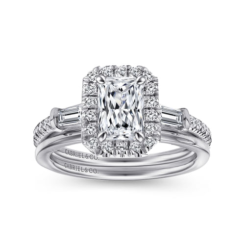 Platinum Three Stone Halo Emerald Cut Diamond Channel Set Engagement Ring