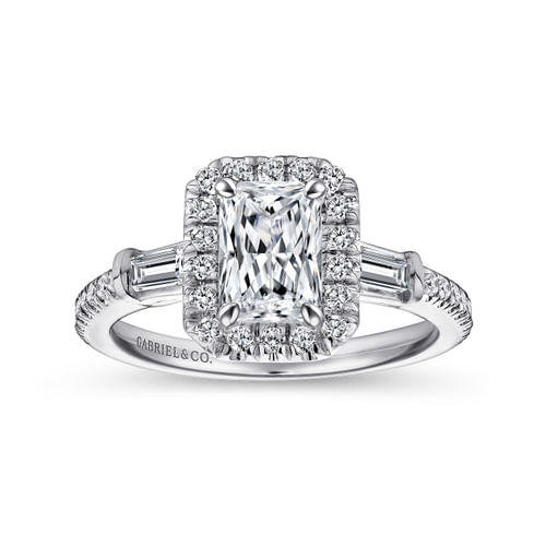 Platinum Three Stone Halo Emerald Cut Diamond Channel Set Engagement Ring