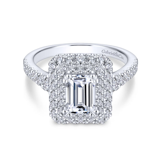Gabriel - Platinum Three Stone Halo Emerald Cut Diamond Engagement Ring