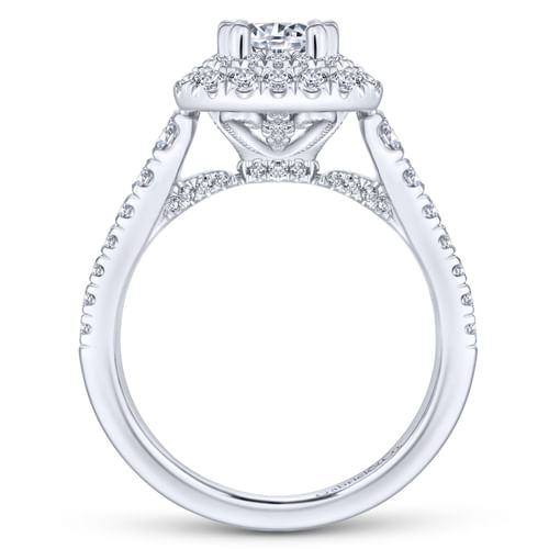 Platinum Three Stone Halo Emerald Cut Diamond Engagement Ring