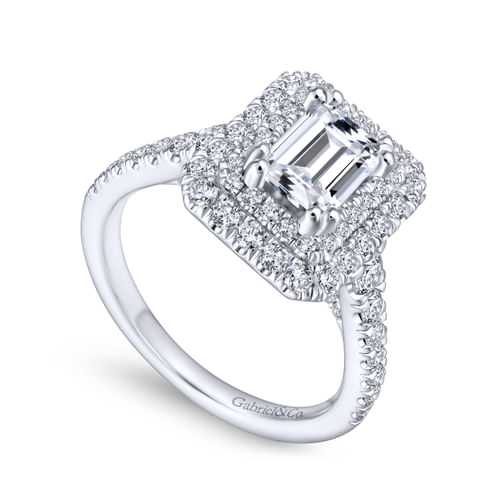 Platinum Three Stone Halo Emerald Cut Diamond Engagement Ring