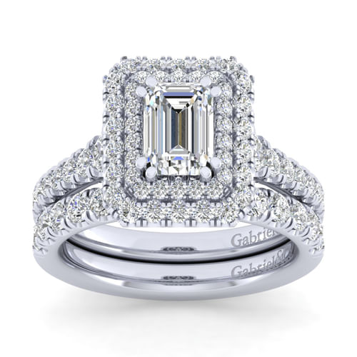Platinum Three Stone Halo Emerald Cut Diamond Engagement Ring