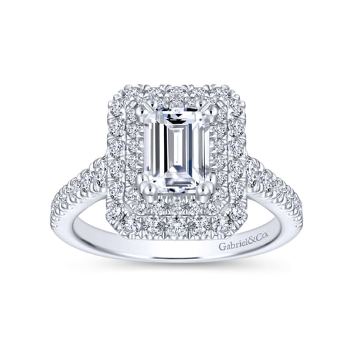 Platinum Three Stone Halo Emerald Cut Diamond Engagement Ring