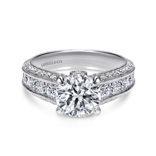 Platinum Vintage Inspired Round Wide Band Diamond Channel Set Engagement Ring
