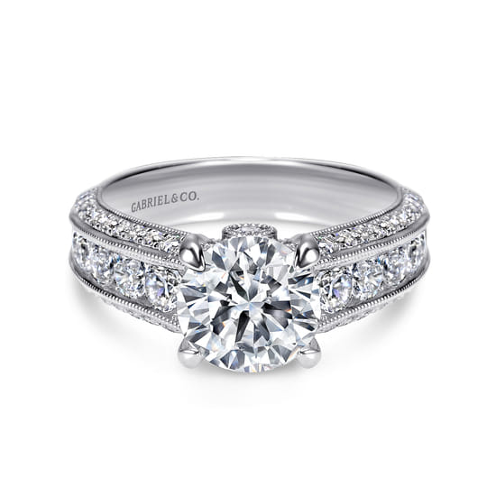 Gabriel - Platinum Vintage Inspired Round Wide Band Diamond Channel Set Engagement Ring Gabriel - Platinum Vintage Inspired Round Wide Band Diamond Channel Set Engagement Ring