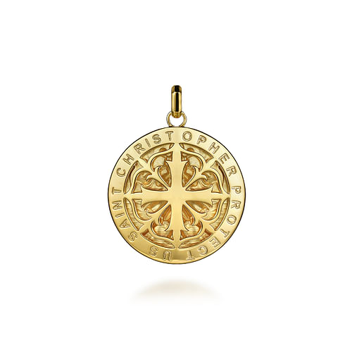 Round 14K Yellow Gold St. Christopher Protect Us Pendant 