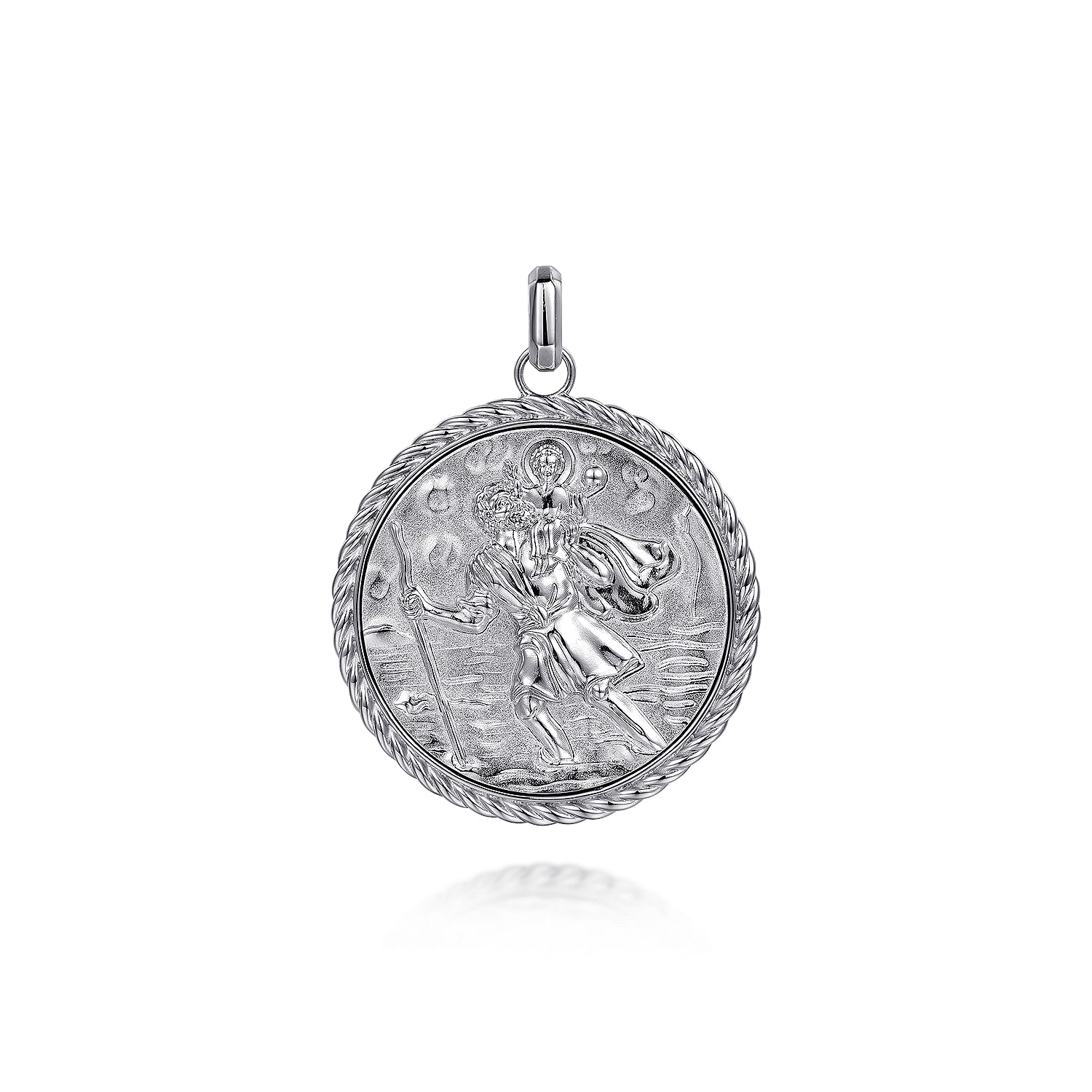 Round 925 Sterling Silver St. Christopher Protect Us Pendant with Twisted Rope Frame