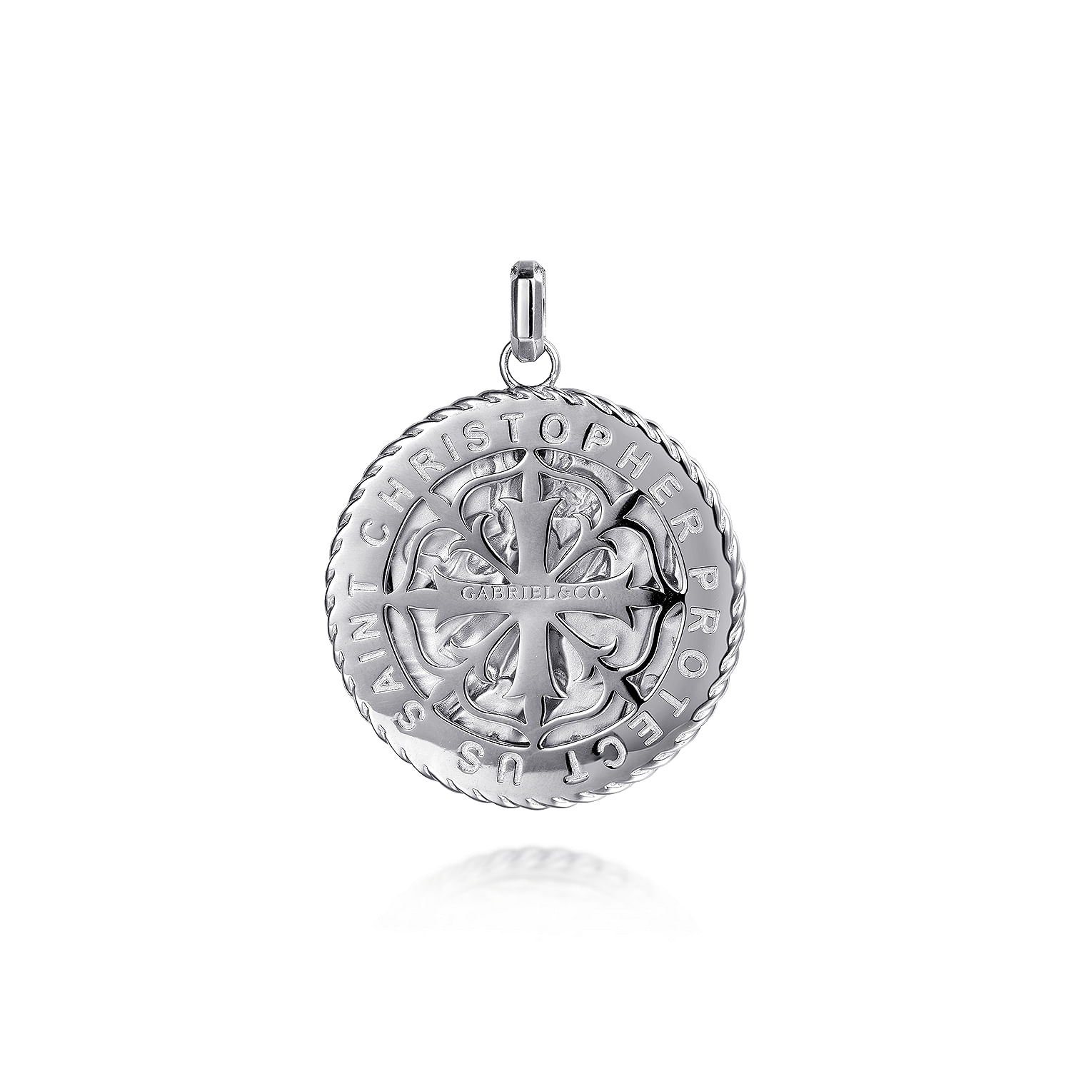 Round 925 Sterling Silver St. Christopher Protect Us Pendant with Twisted Rope Frame