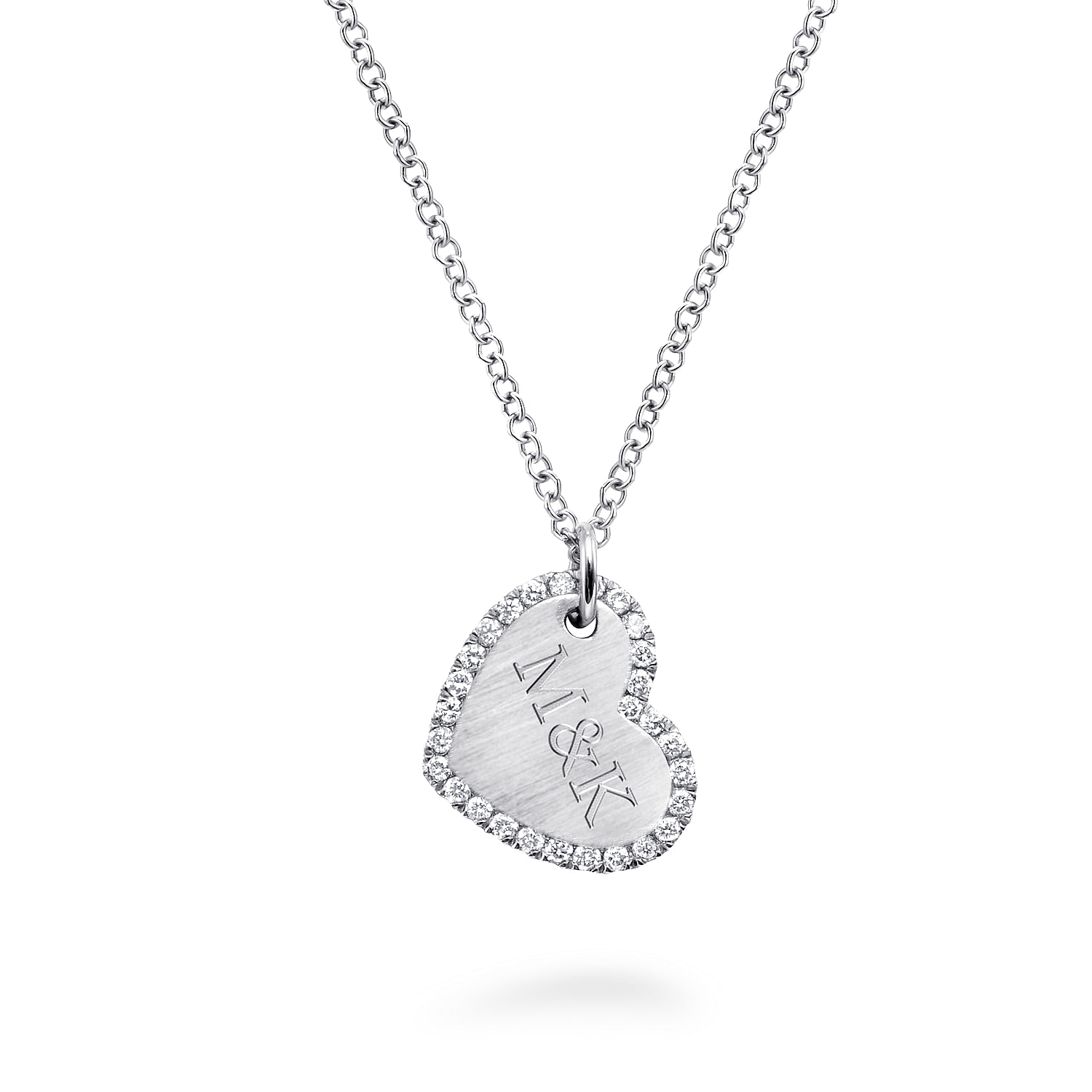 Sideways 14K White Gold Engraved Heart Pendant Necklace with Diamond Frame