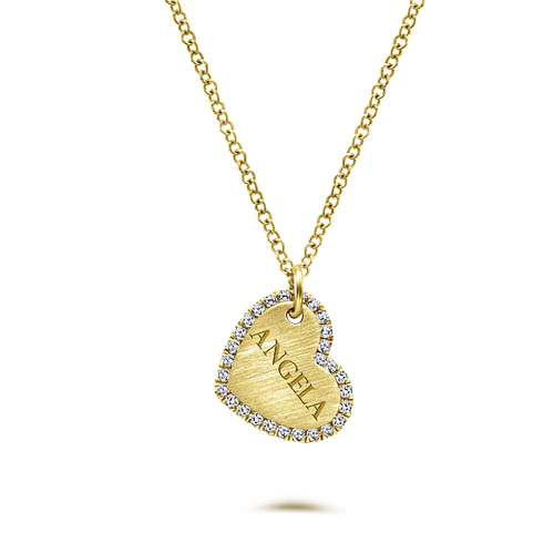 Sideways 14K Yellow Gold Engraved Heart Pendant Necklace with Diamond Frame