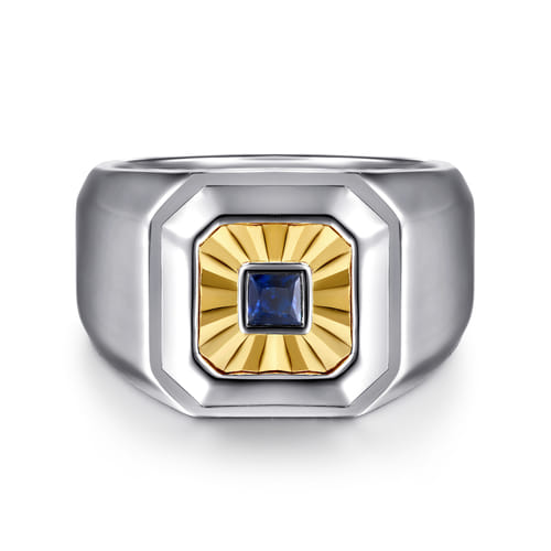 Signet Wide Band Diamond Cut Center 925 Sterling Silver and 14K Yellow Gold Sapphire
