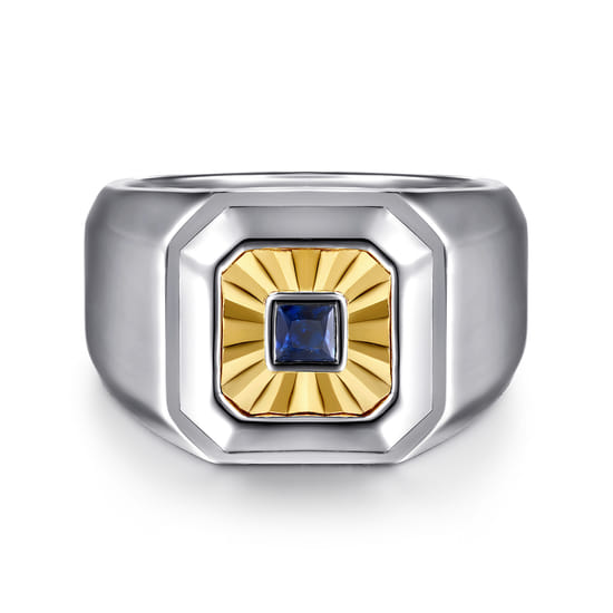 Signet Wide Band Diamond Cut Center 925 Sterling Silver and 14K Yellow Gold Sapphire