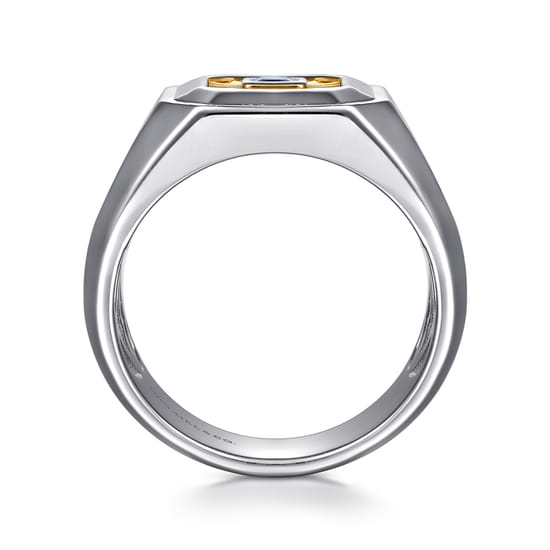 Signet Wide Band Diamond Cut Center 925 Sterling Silver and 14K Yellow Gold Sapphire angle 2