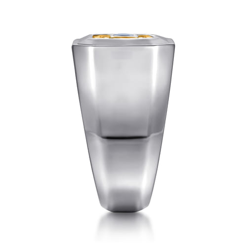 Signet Wide Band Diamond Cut Center 925 Sterling Silver and 14K Yellow Gold Sapphire