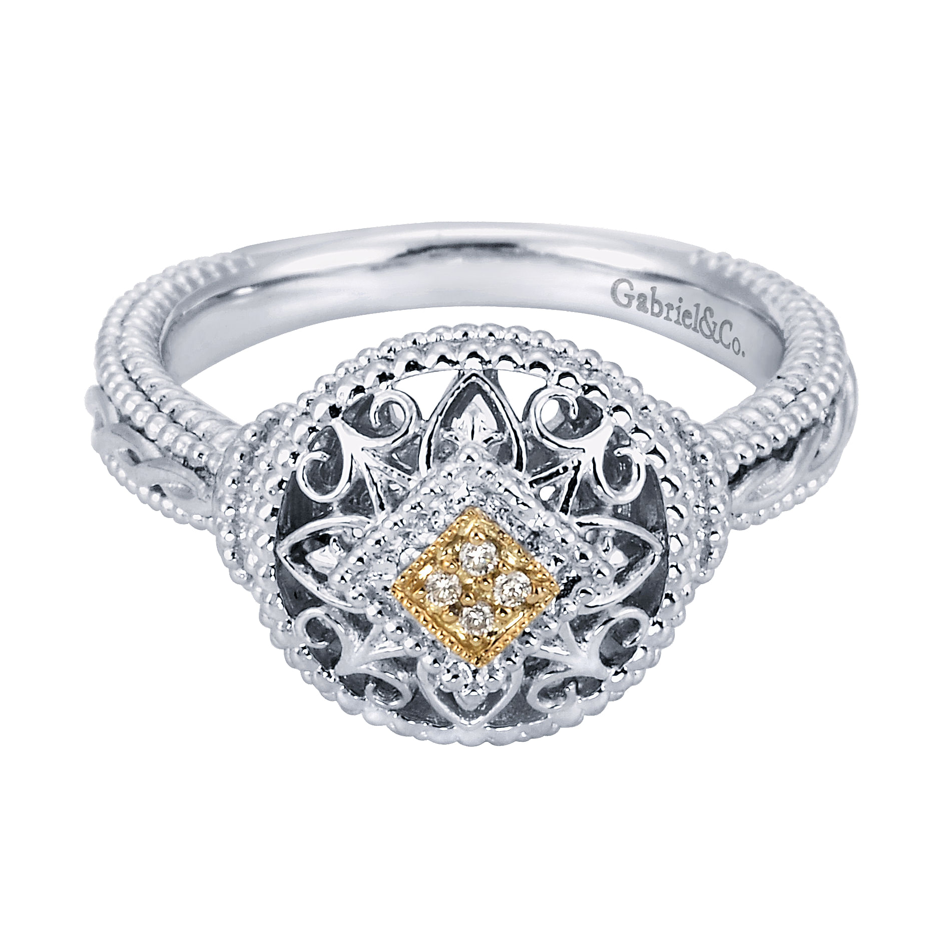 Silver-18K Yellow Gold Vintage Inspired Round Filigree Diamond Ring