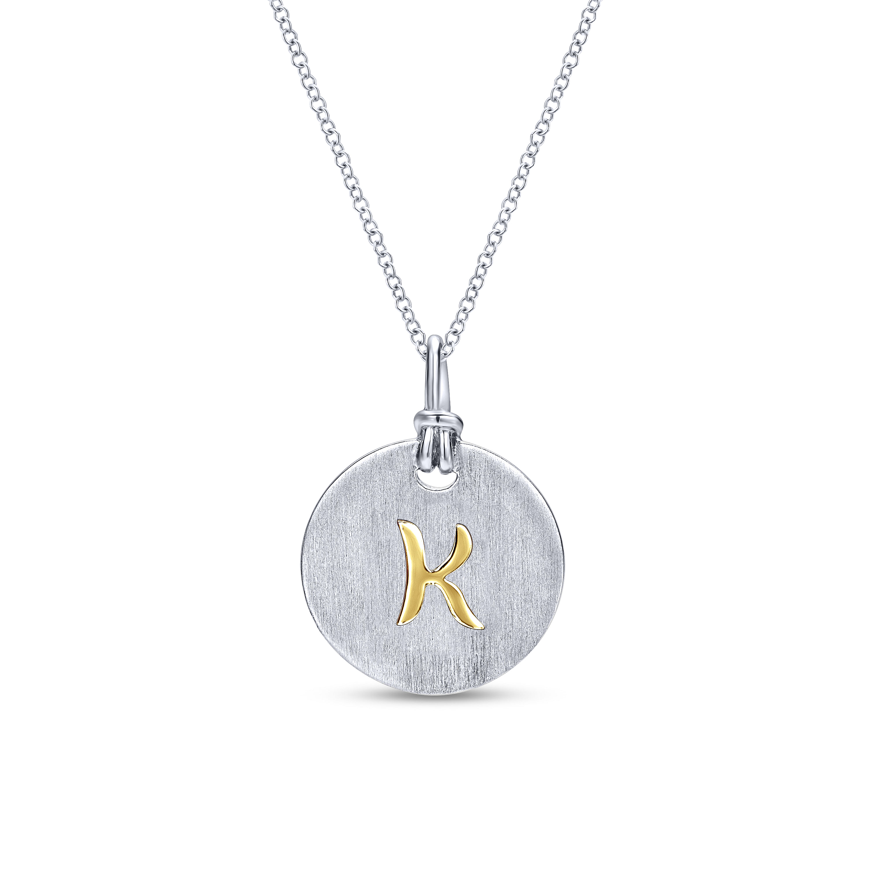 Silver 18K Yellow K Initial Round Disk Necklace