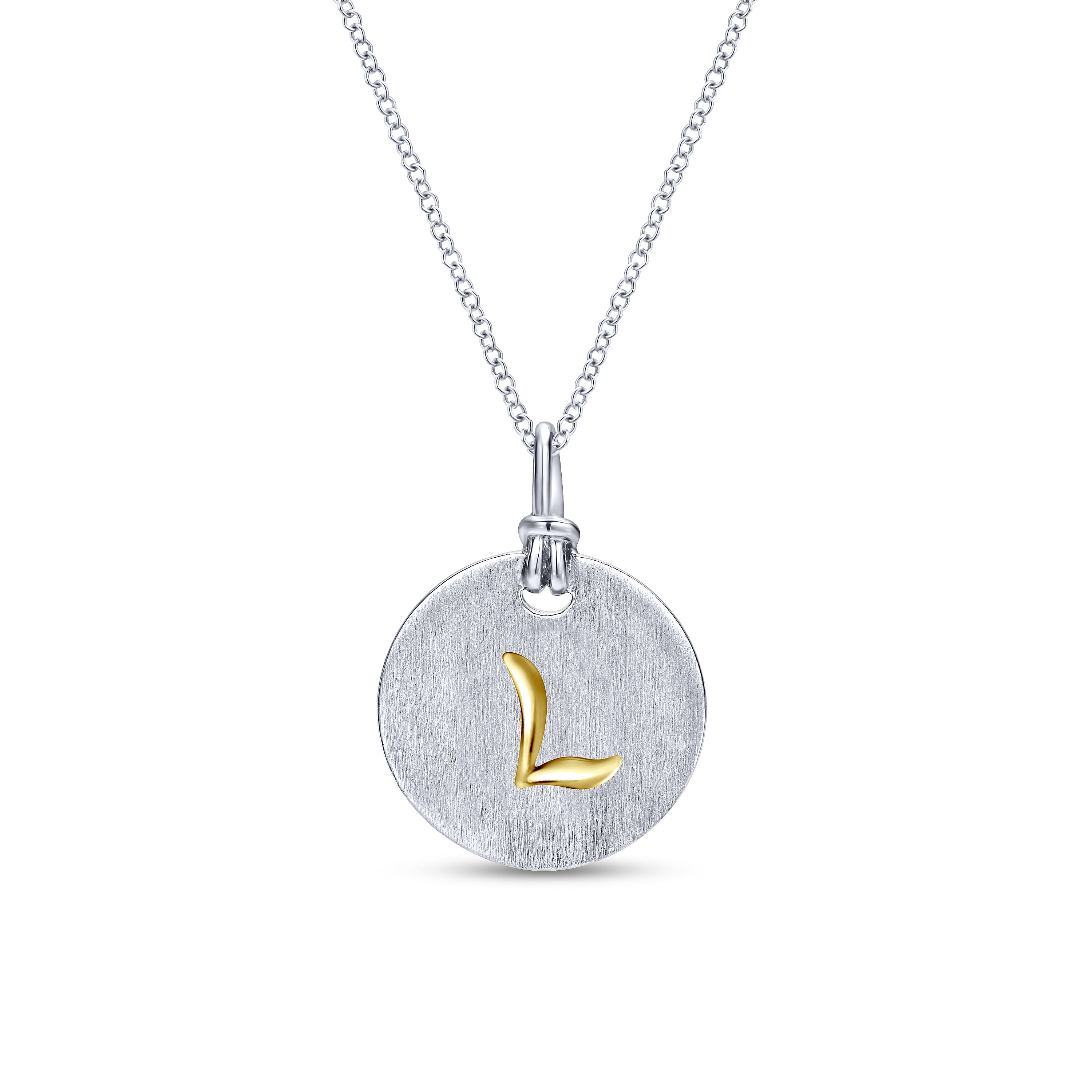 Silver 18K Yellow L Initial Round Disk Necklace