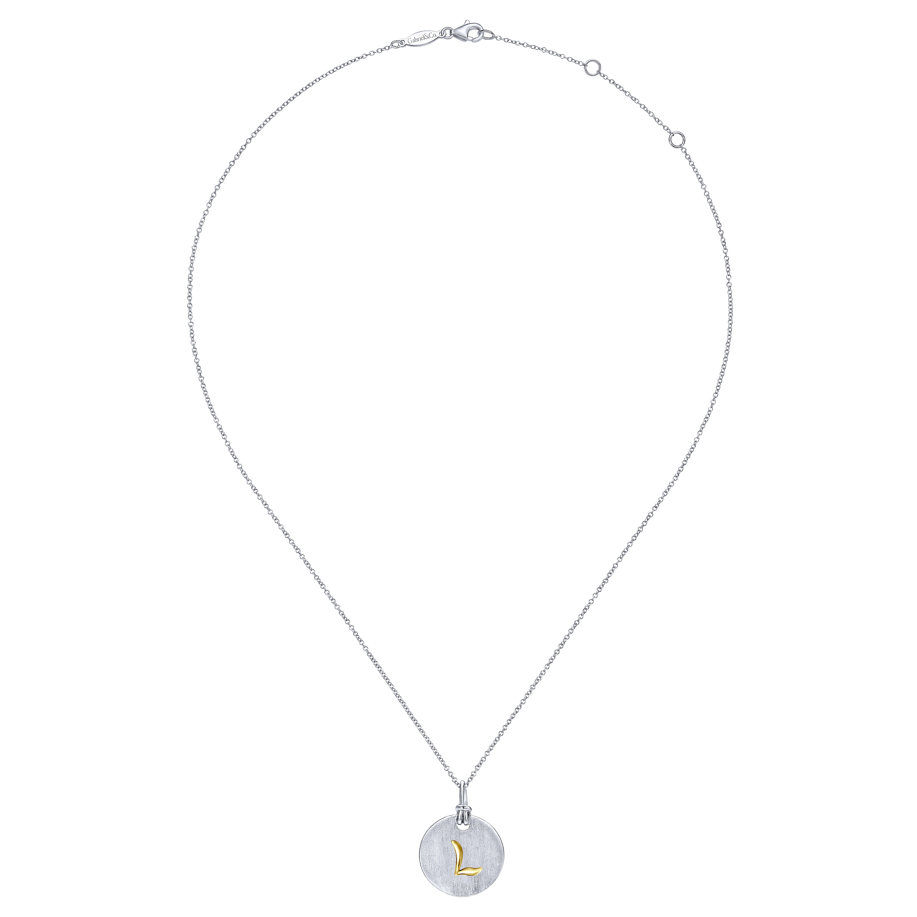 Silver 18K Yellow L Initial Round Disk Necklace