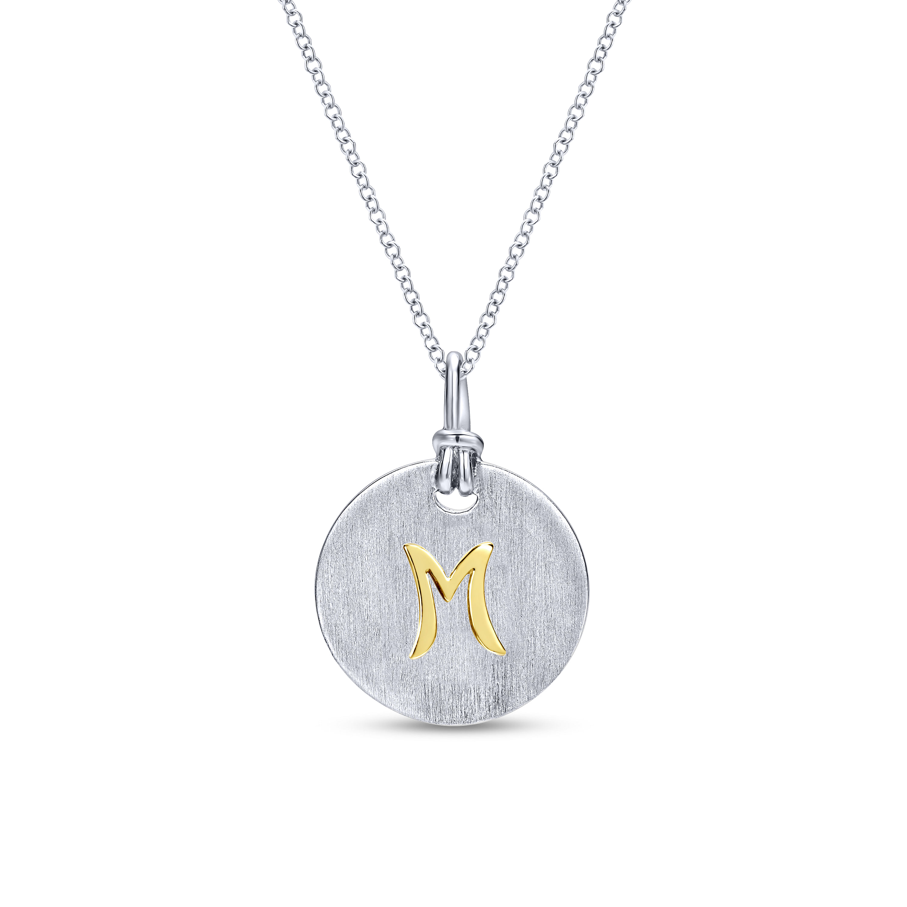 Silver 18K Yellow M Initial Round Disk Necklace