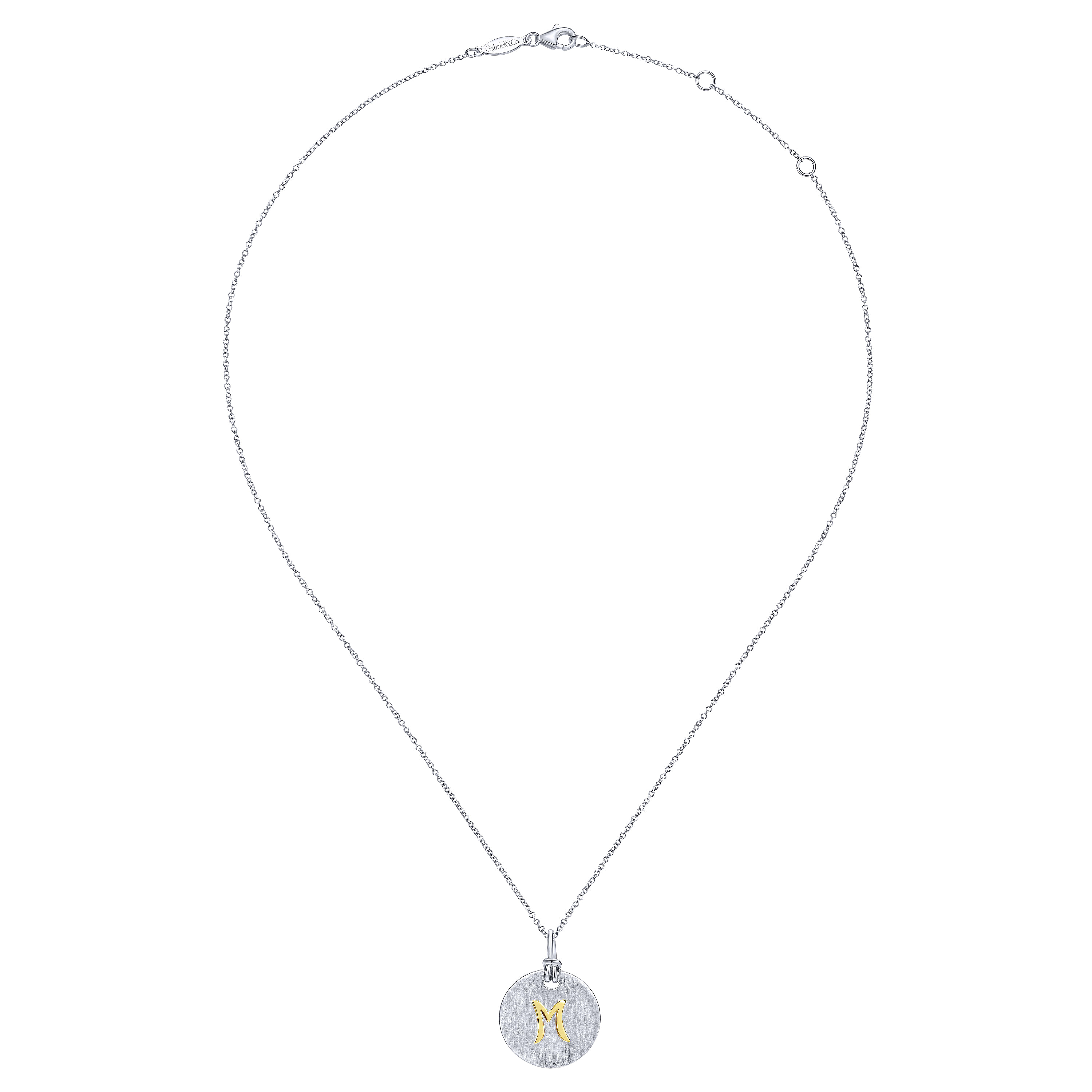 Silver 18K Yellow M Initial Round Disk Necklace