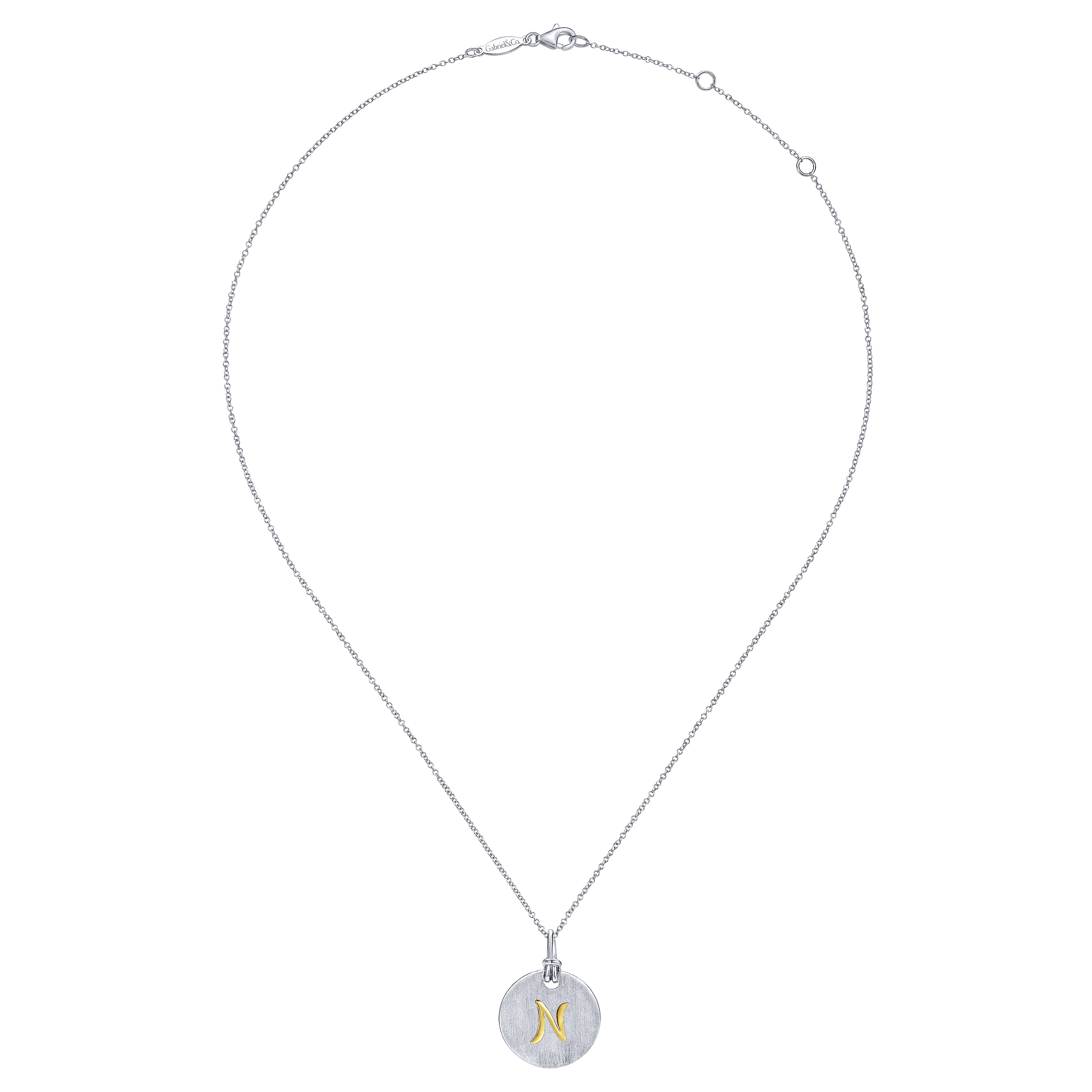 Silver 18K Yellow N Initial Round Disk Necklace