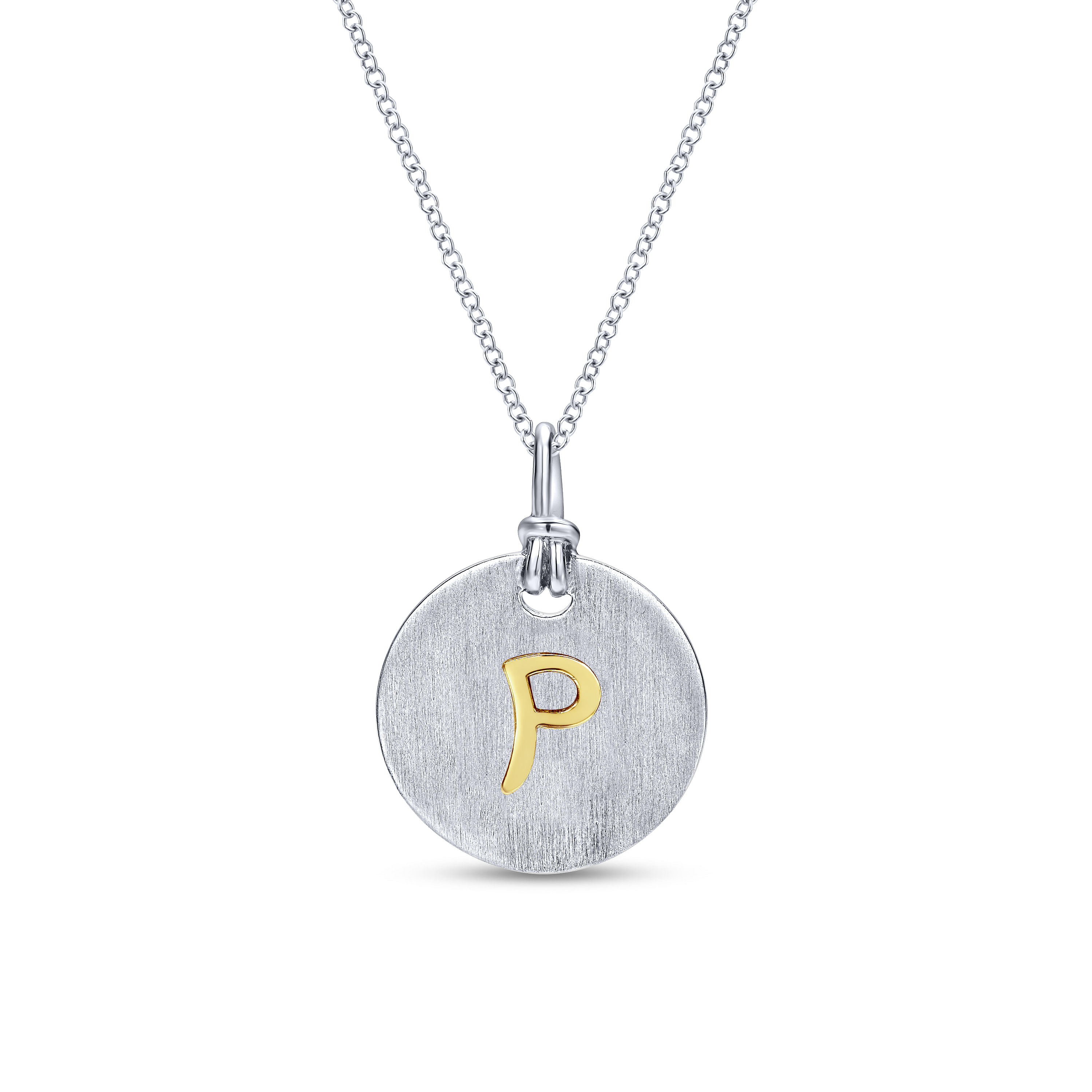 Silver 18K Yellow P Initial Round Disk Necklace