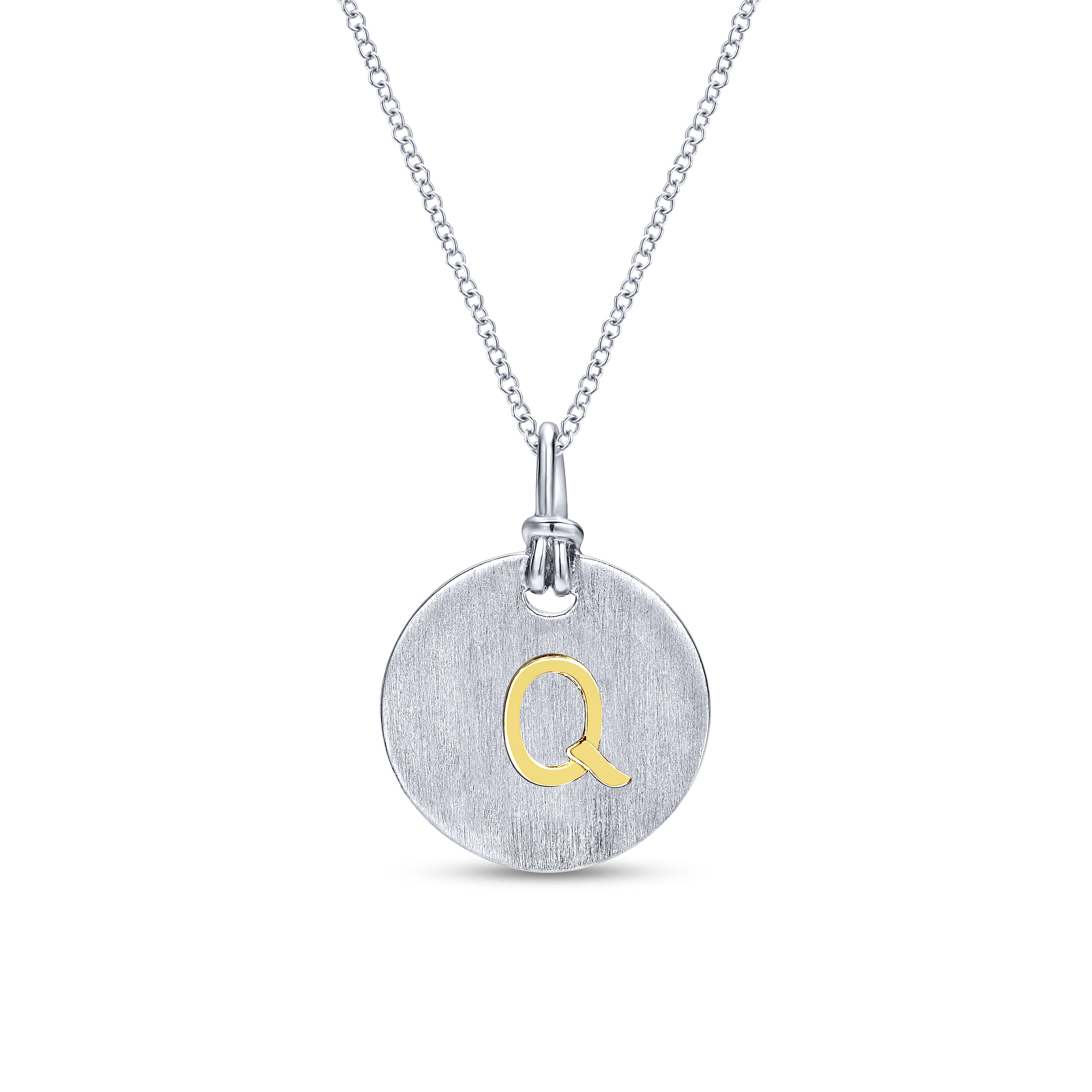 Silver 18K Yellow Q Initial Round Disk Necklace