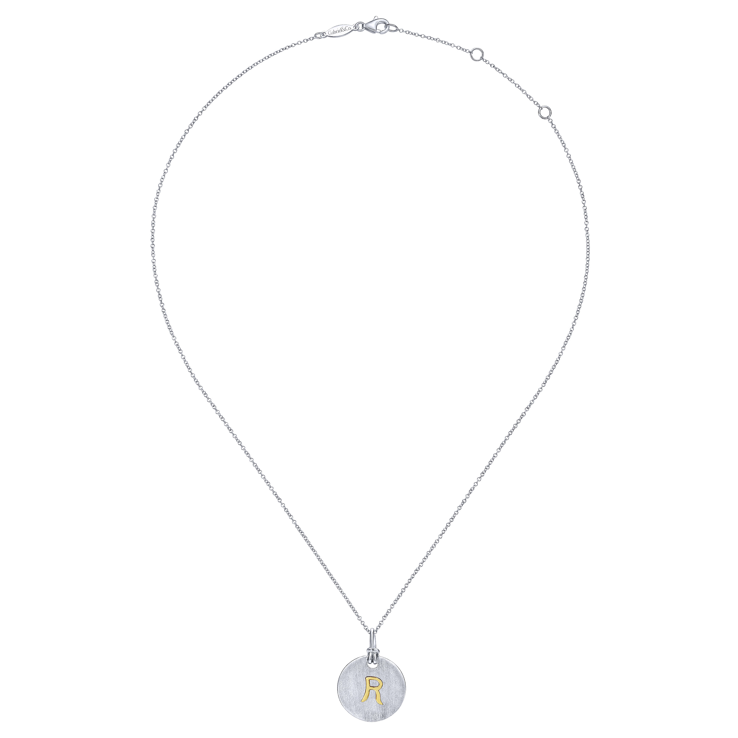 Silver 18K Yellow R Initial Round Disk Necklace