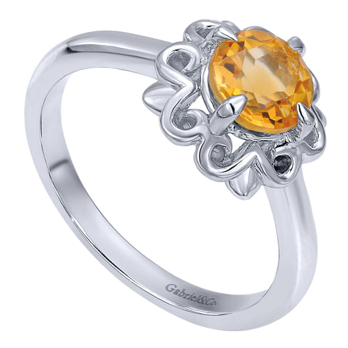 Silver Round Citrine Flower Fashion Ring