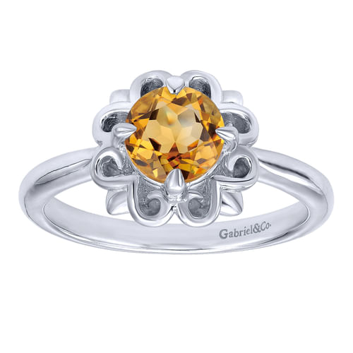 Silver Round Citrine Flower Fashion Ring