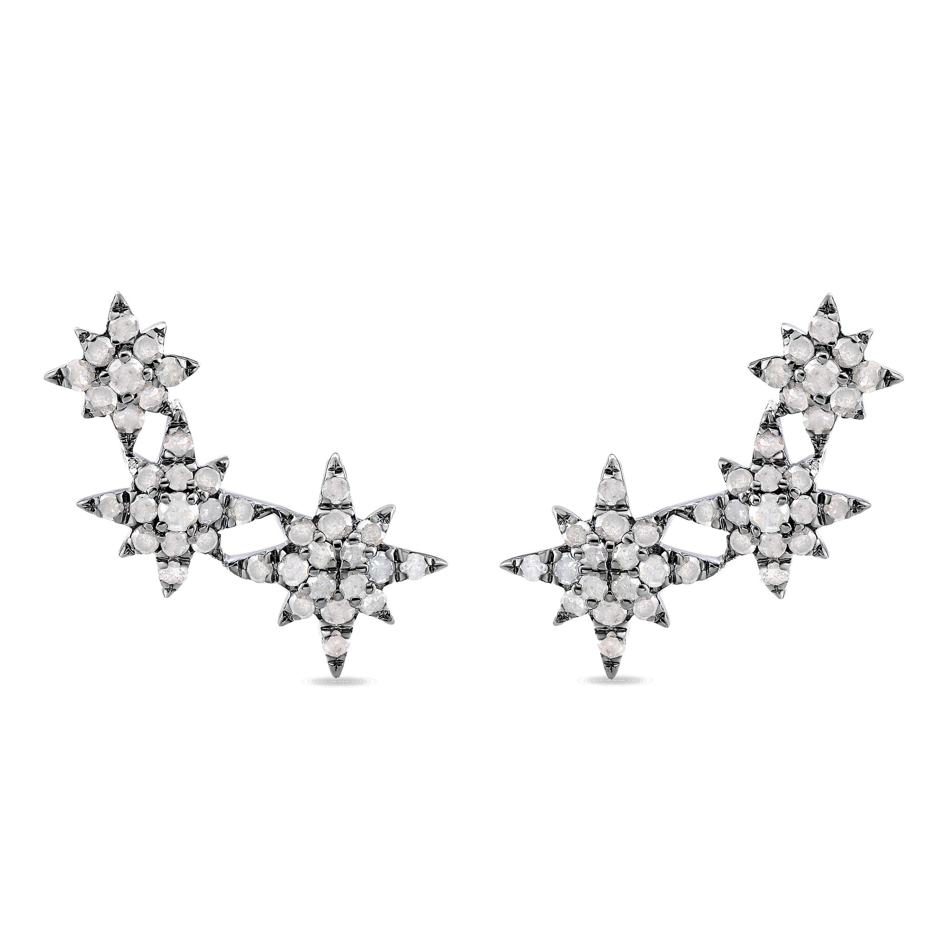 Silver with Black Rhodium Triple Graduating Stars Diamond Stud Earrings