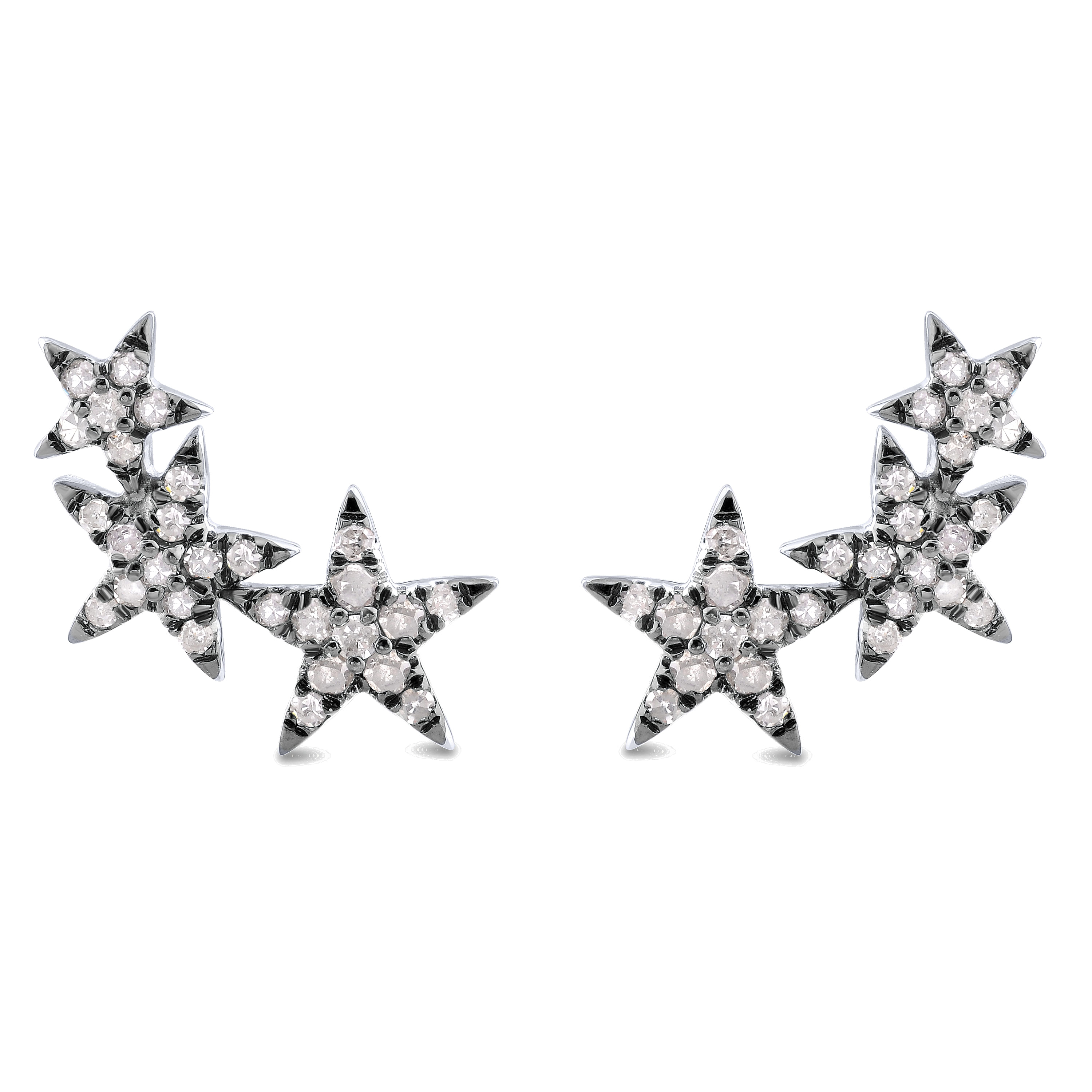 Silver with Black Rhodium Triple Graduating Stars Diamond Stud Earrings