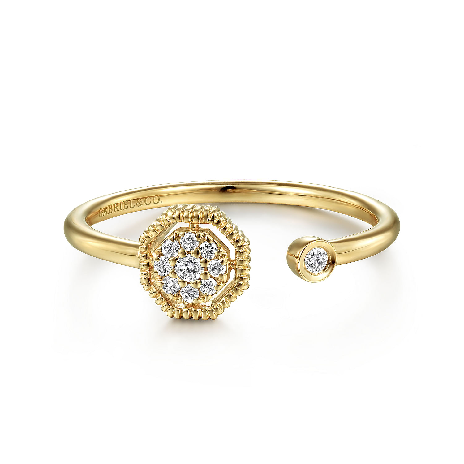 Gabriel - Split 14K Yellow Gold Diamond Ring with Pavé Hexagon and Bezel Stone