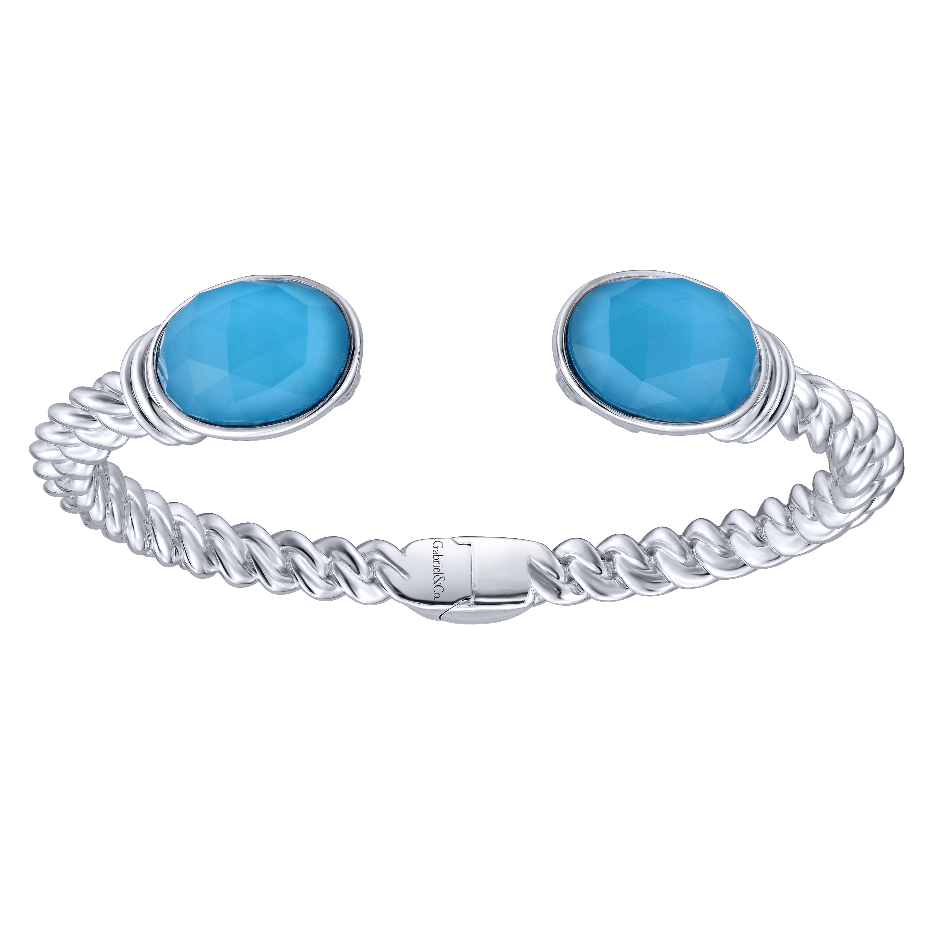 Split 925 Sterling Silver Oval Rock Crystal and Turquoise Bangle