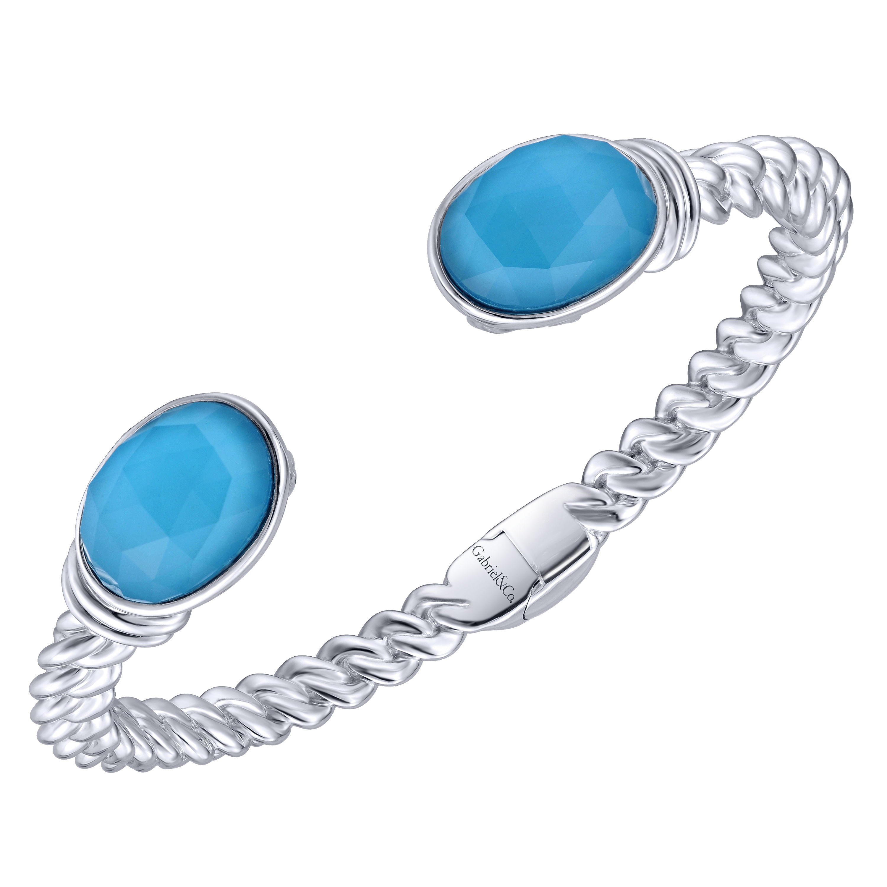 Split 925 Sterling Silver Oval Rock Crystal and Turquoise Bangle