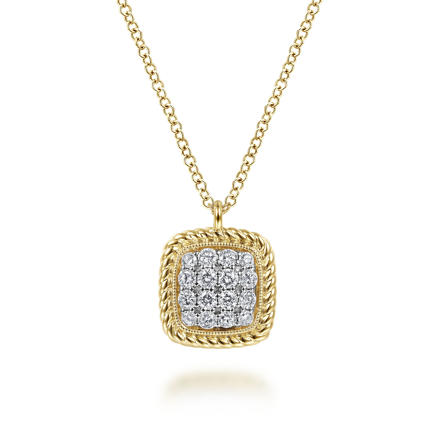 Square 14K Yellow Gold Pavé Diamond Pendant Necklace with Twisted Rope Frame