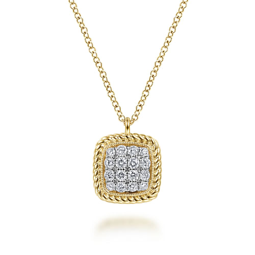 Square 14K Yellow Gold Pavé Diamond Pendant Necklace with Twisted Rope Frame