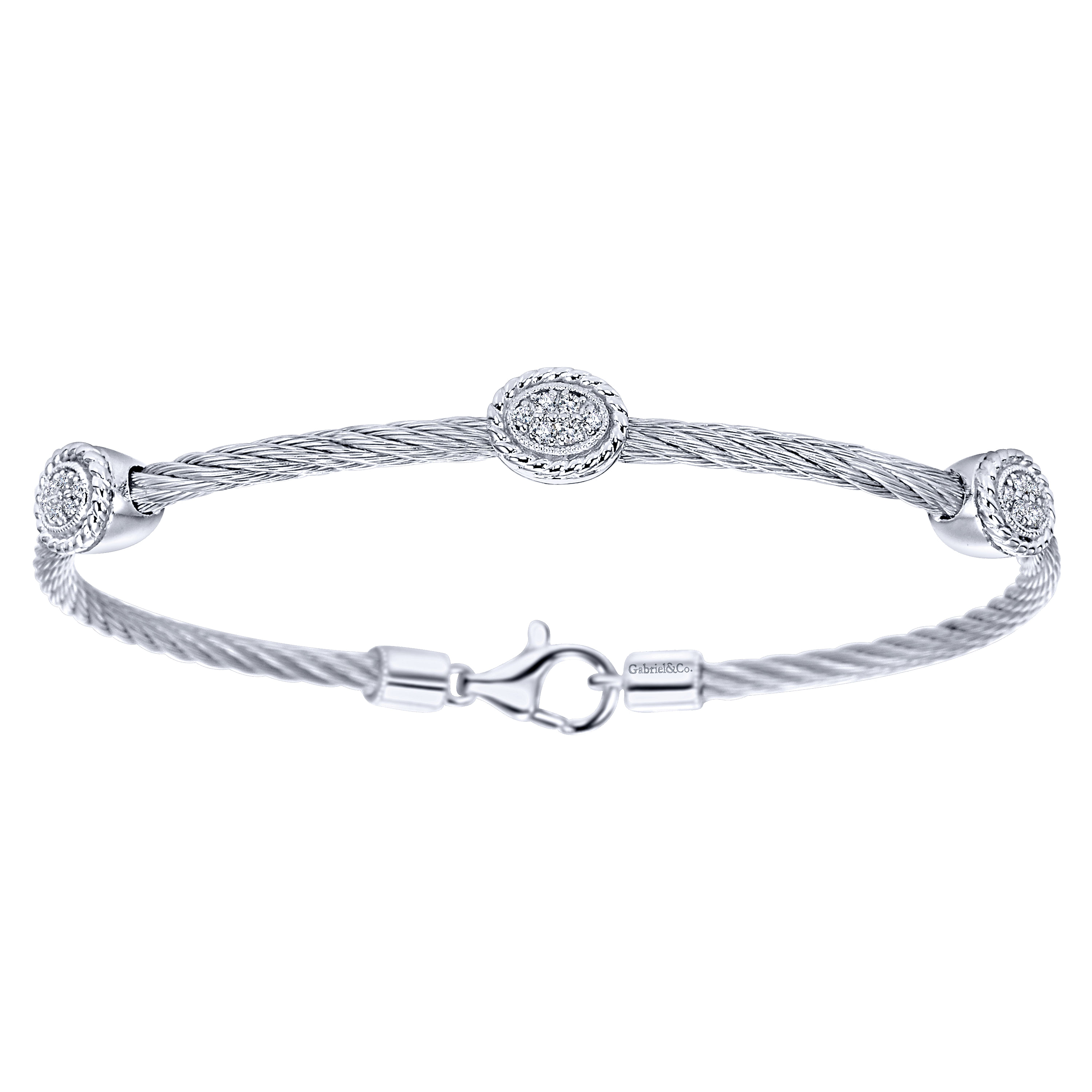 Stainless Steel Twisted Cable Bangle with 3 Oval Diamond Cluster Sterling Silver Stations