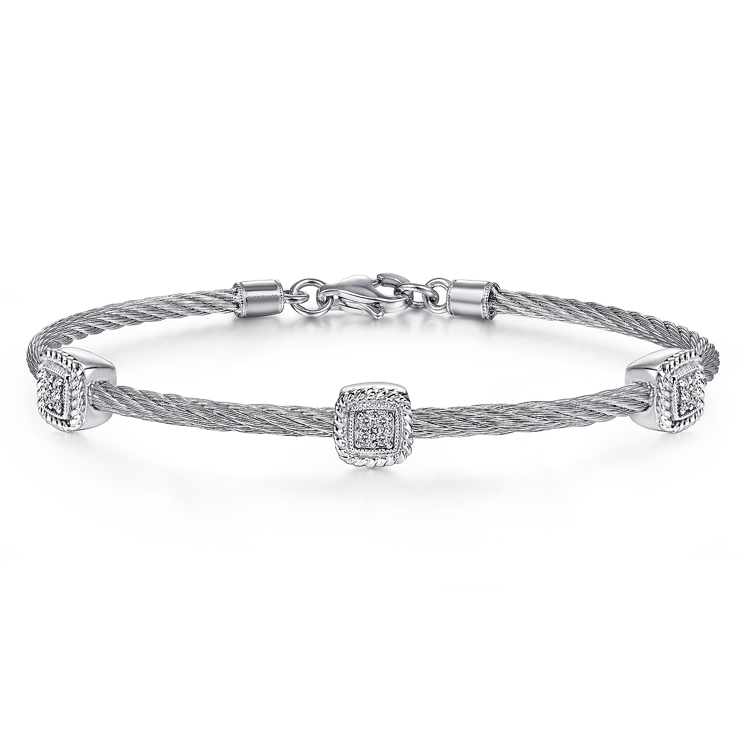 Stainless Steel Twisted Cable Bangle with 3 Square Diamond Cluster Sterling Silver Stations