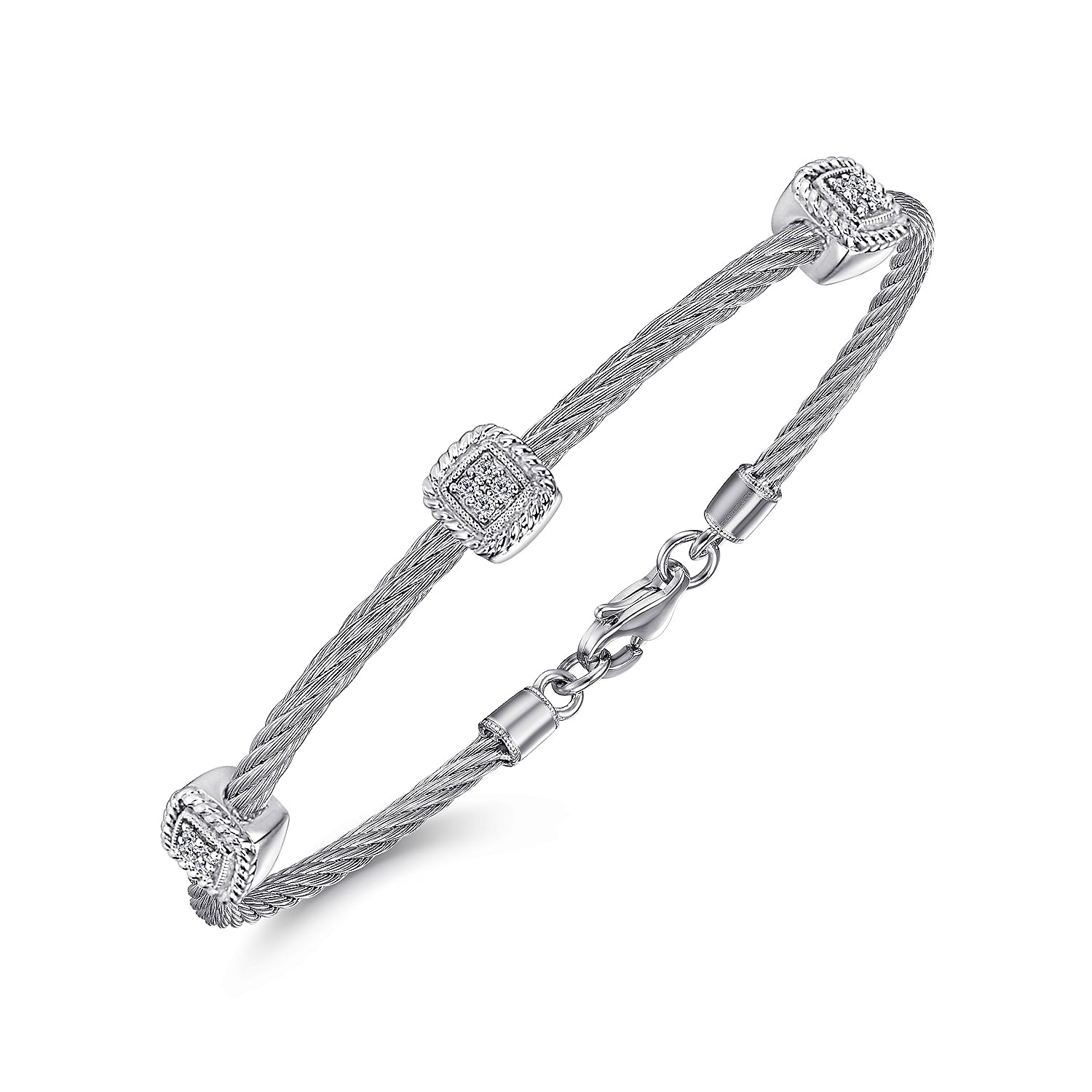 Stainless Steel Twisted Cable Bangle with 3 Square Diamond Cluster Sterling Silver Stations