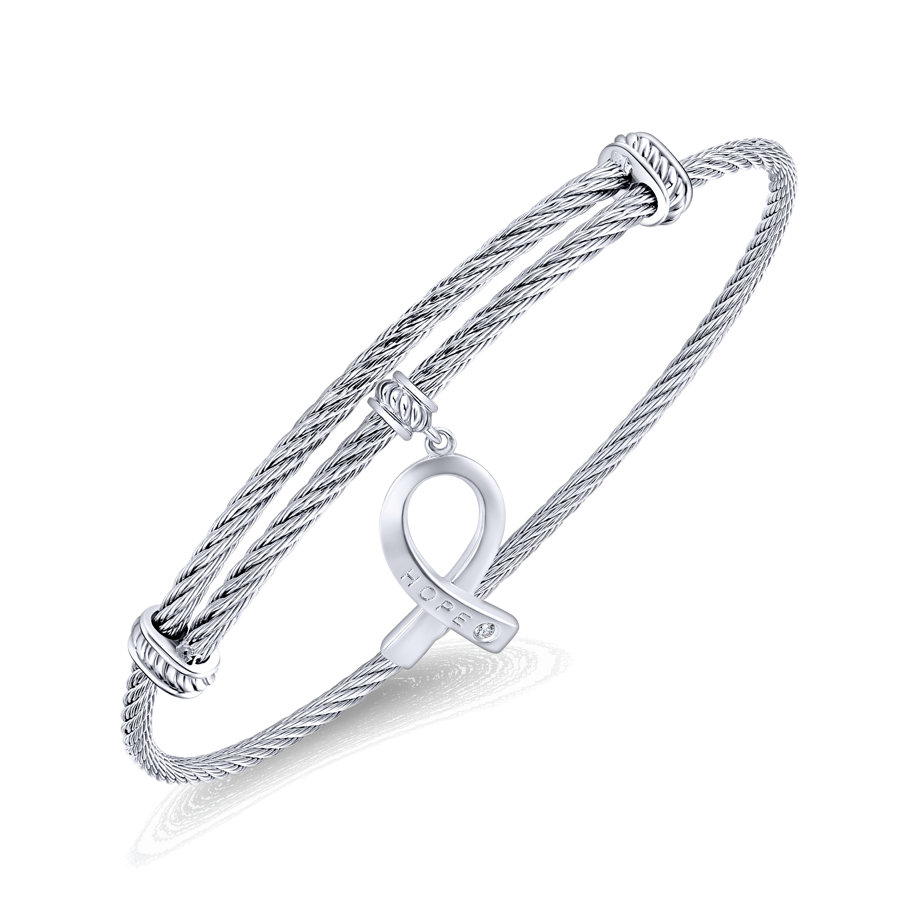 Stainless Steel Twisted Cable Bangle with Silver and White Sapphire HOPE Breast Cancer Awareness Charm
