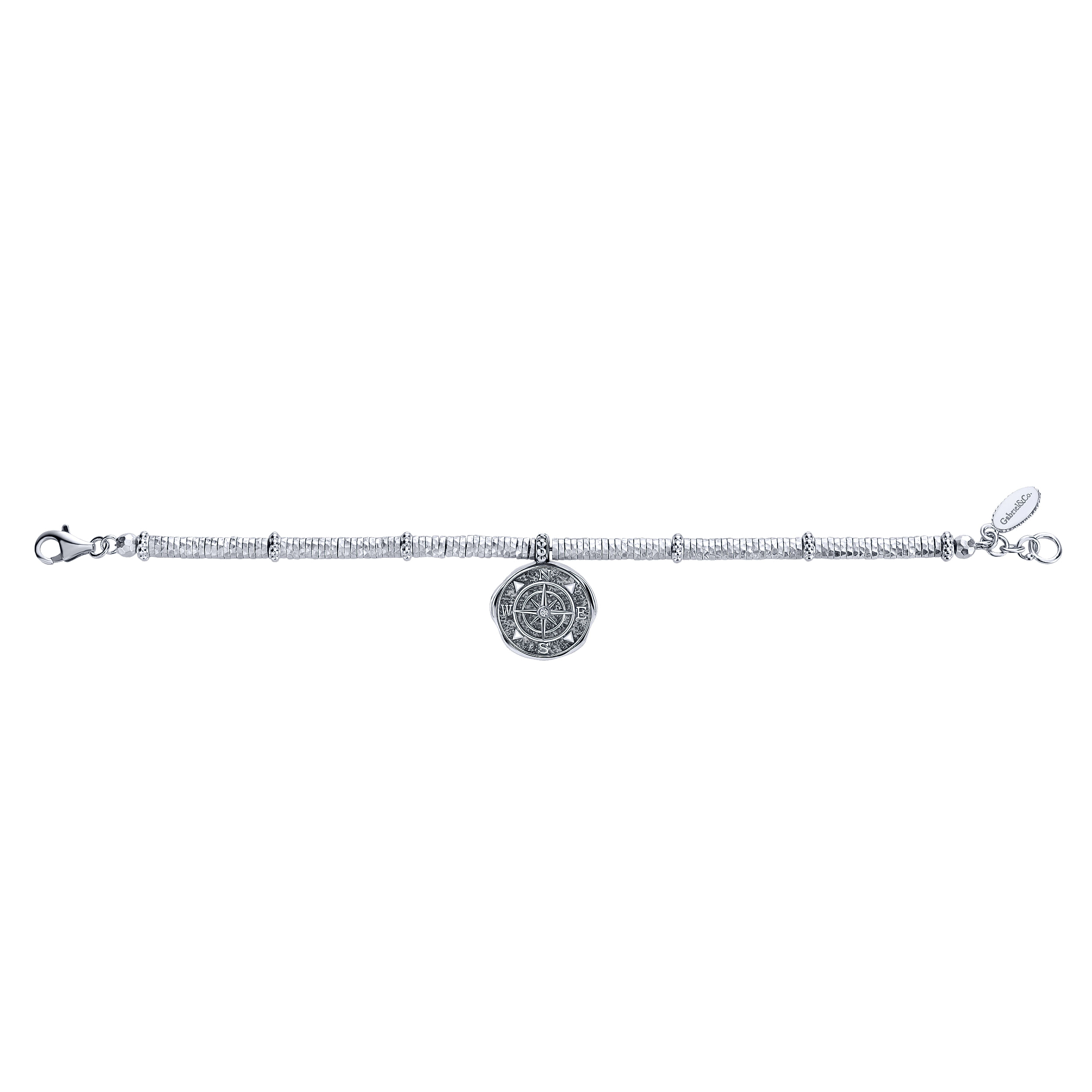 Stainless Steel and 925 Sterling Silver Compass Charm Bracelet with White Sapphire