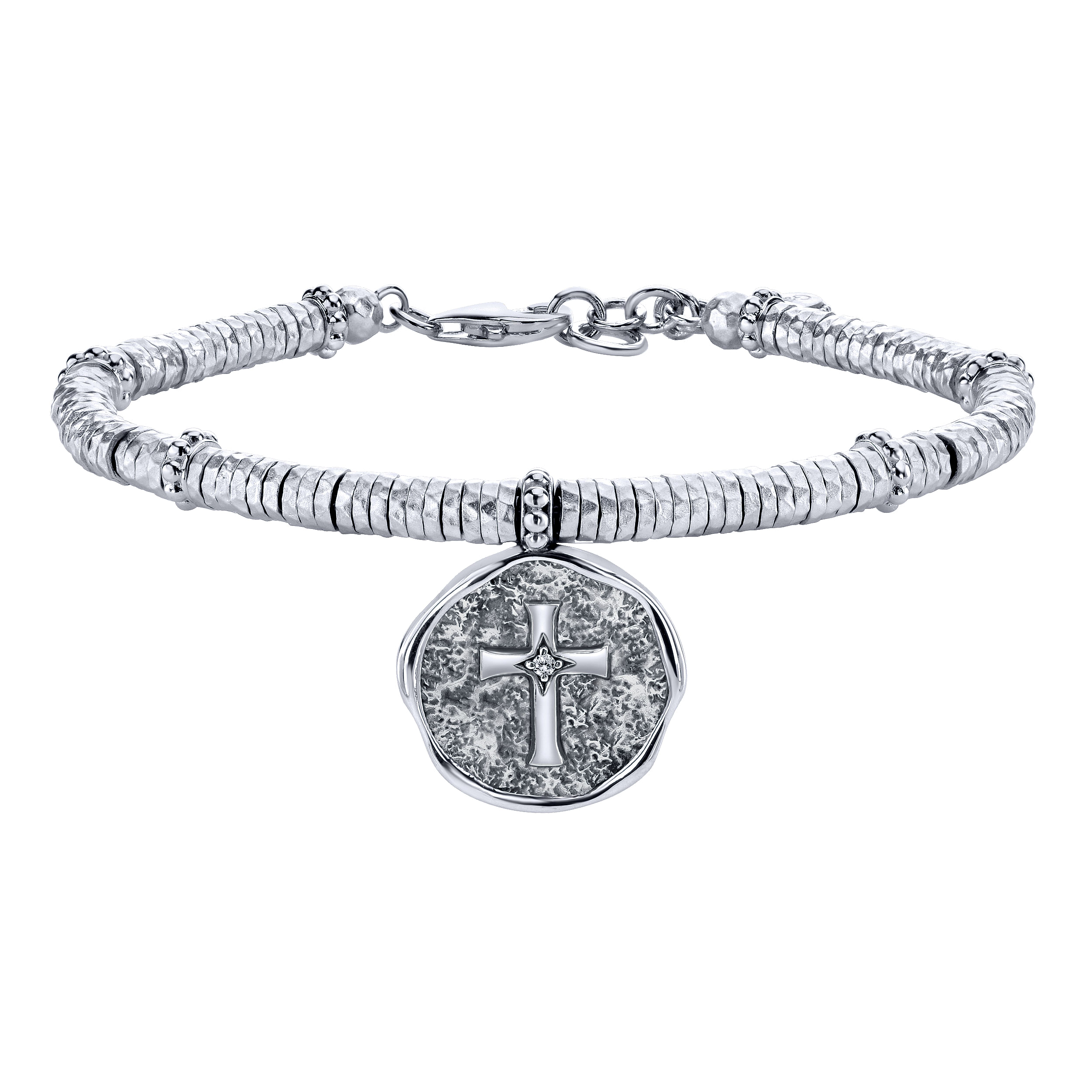 Stainless Steel and 925 Sterling Silver Cross Charm Bracelet with White Sapphire