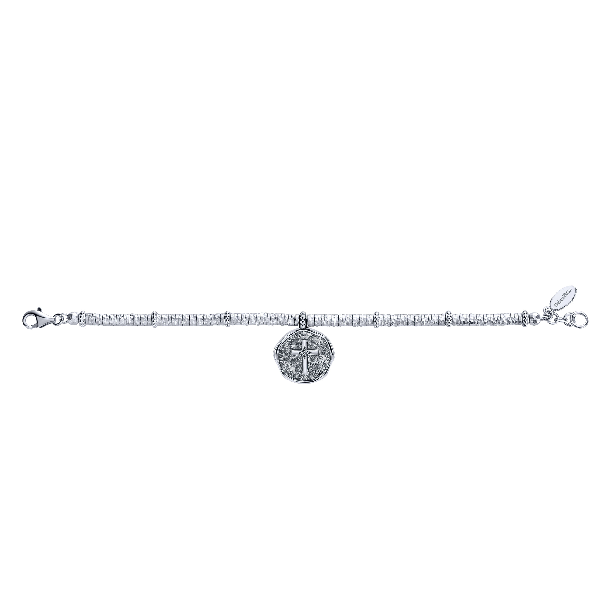 Stainless Steel and 925 Sterling Silver Cross Charm Bracelet with White Sapphire