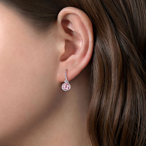 Sterling Silver   Pink Created Zircon and Diamond Leverback Earrings