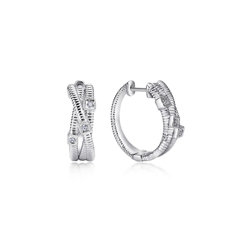 Sterling Silver 15mm Twisting Diamond Huggies