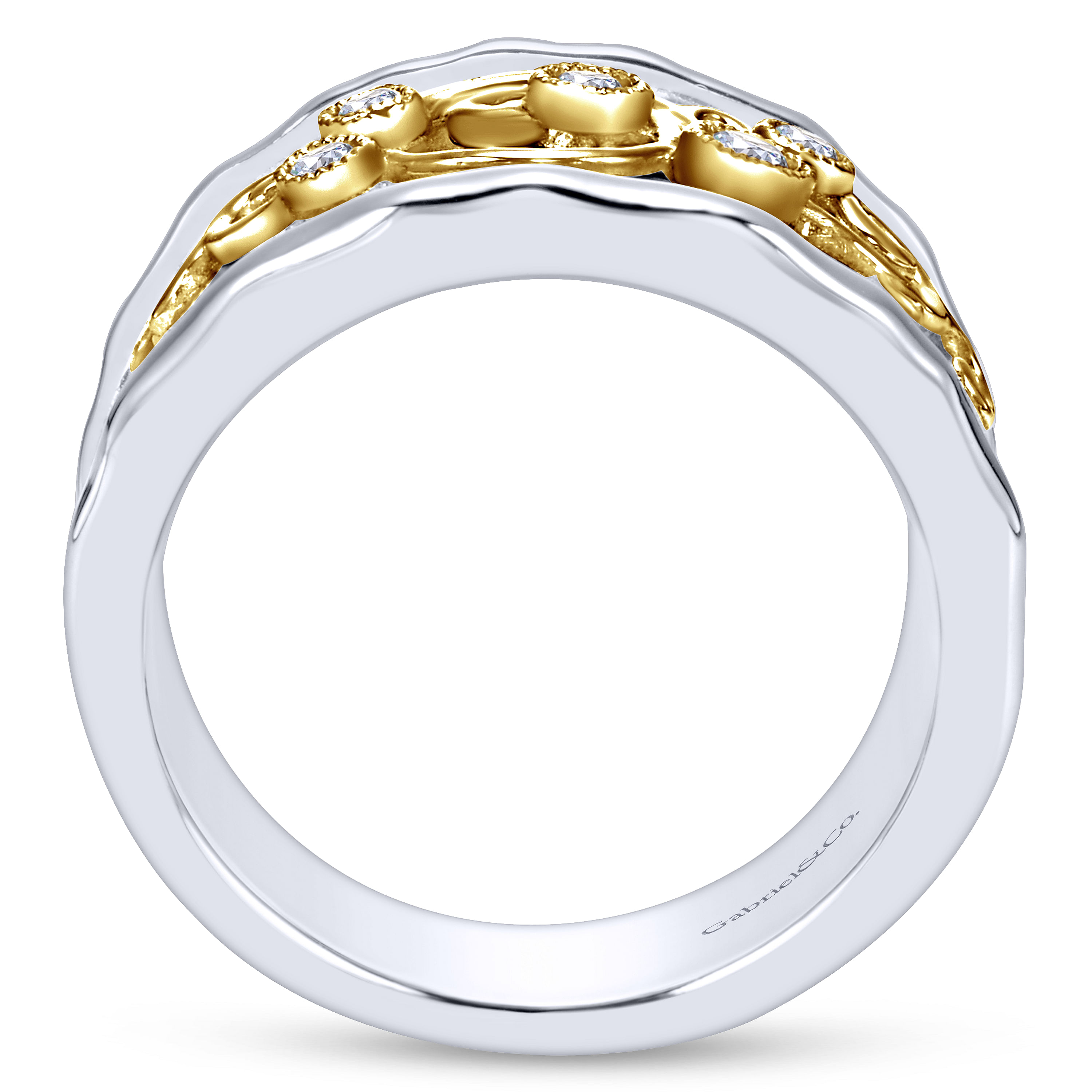 Sterling Silver-18K Yellow Gold Embossed Scrollwork Diamond Wide Band Ring